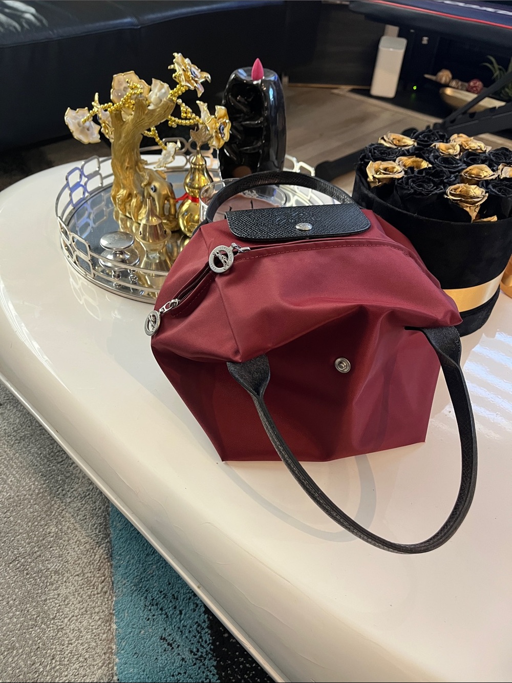 Longchamp Burgundy Nylon Tote with Black Trim
